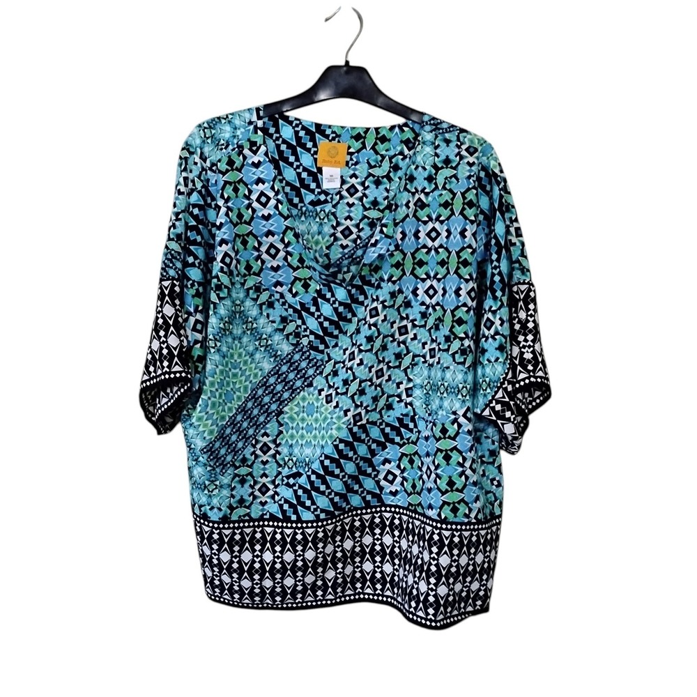 Ruby Rd Womens Blue Geometric Tribal Print V-Neck Blouse Top Size 16